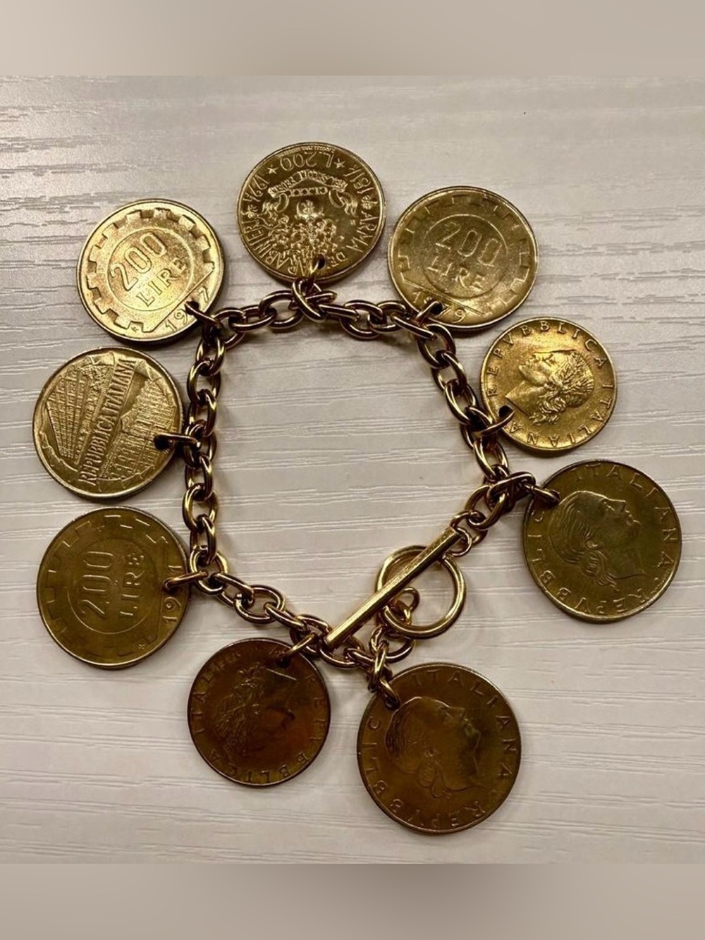 Vintage Italian Coin Charm Bracelet - Gold Tone